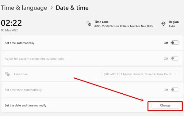 Kliknij przycisk Zmień obok opcji Ustaw datę i godzinę ręcznie
