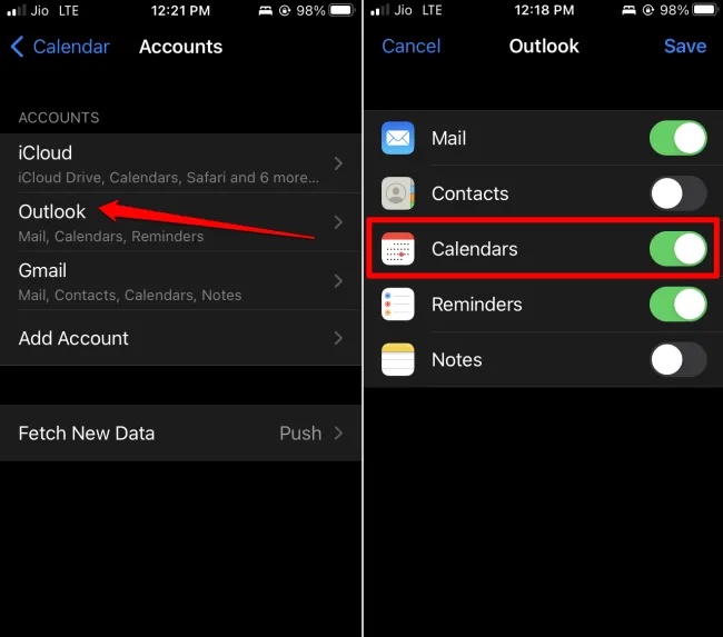 activer la synchronisation du calendrier pour le compte Outlook sur iPhone