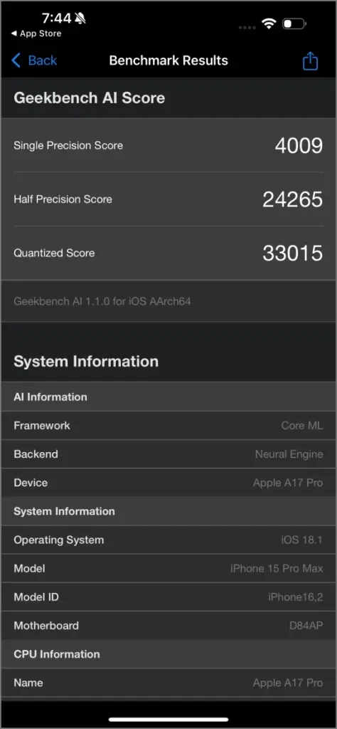 Referência de IA do Geekbench para iPhone 15 Pro Max A17 Pro NPU