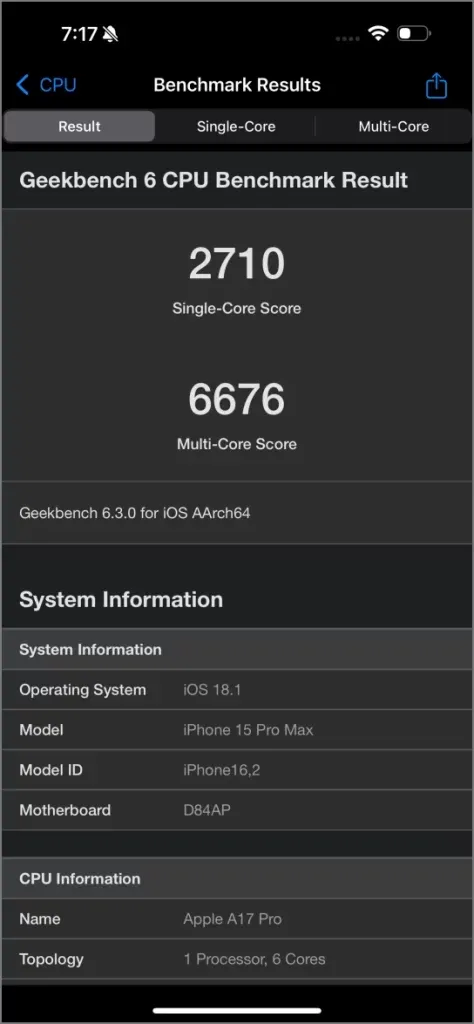 iPhone 15 Pro Max - Pontuações de CPU do A17 Pro Chip Geekbench