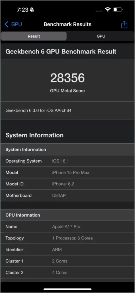 iPhone 15 Pro Max - Pontuações de GPU do A17 Pro Chip Geekbench