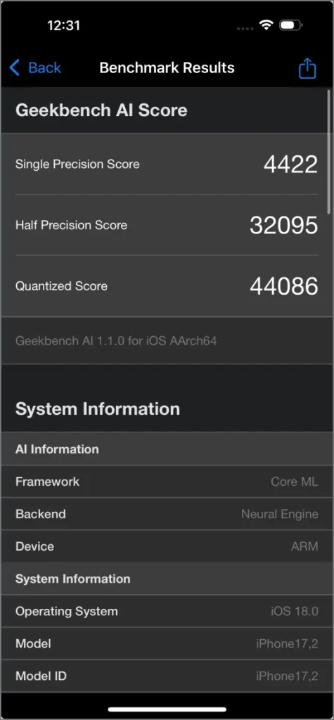 Referência de IA do Geekbench para iPhone 16 Pro Max A18 Pro NPU