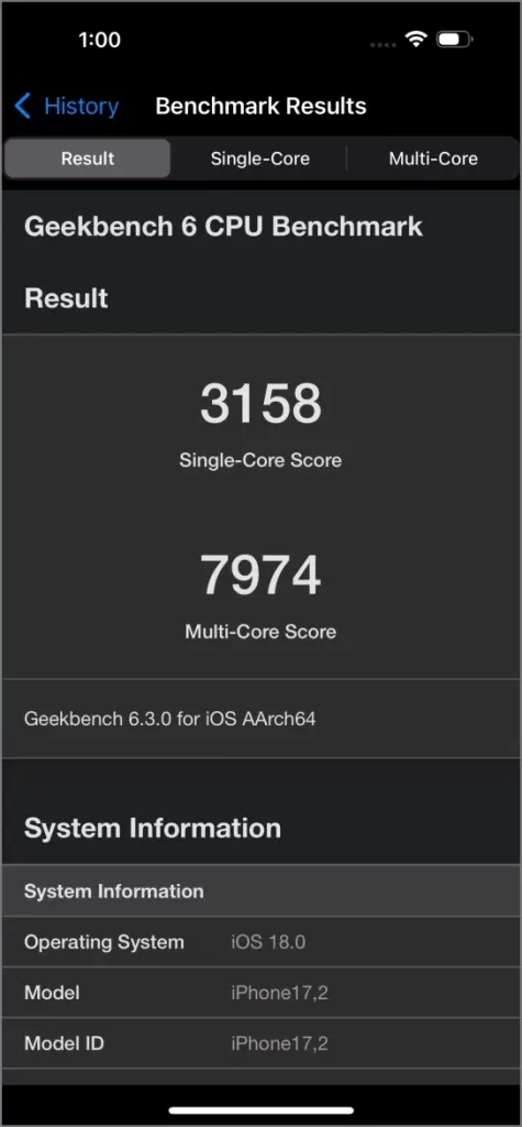 iPhone 16 Pro Max - Puce A18 Pro Scores du processeur Geekbench