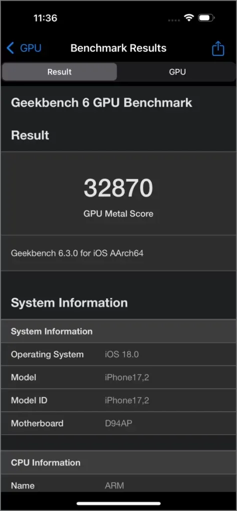 iPhone 16 Pro Max - A18 Pro Chip Geekbench GPU-poeng