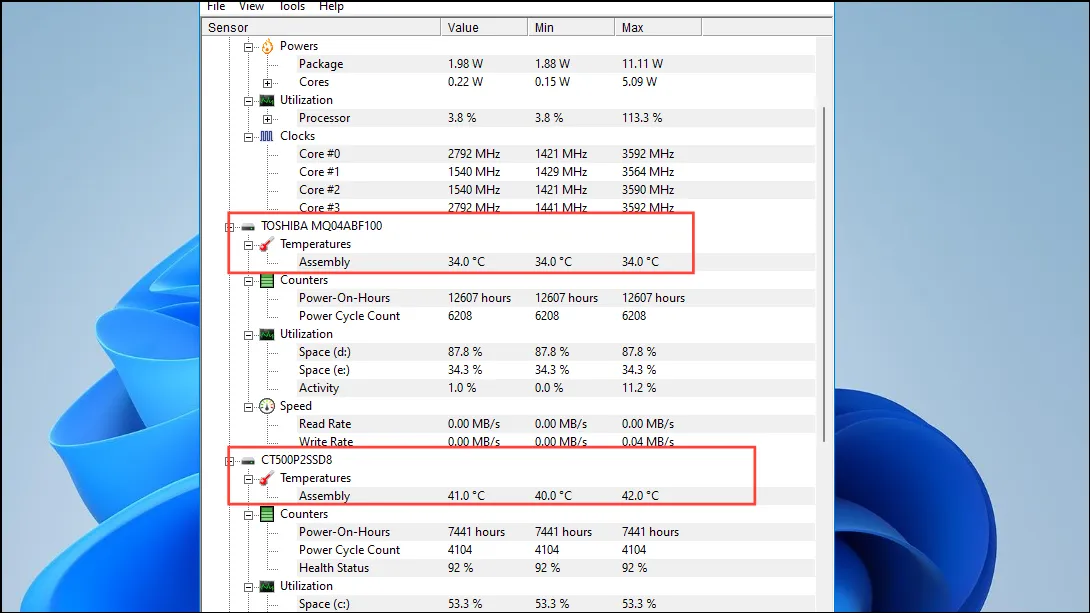 Temperature dell'unità HWMonitor