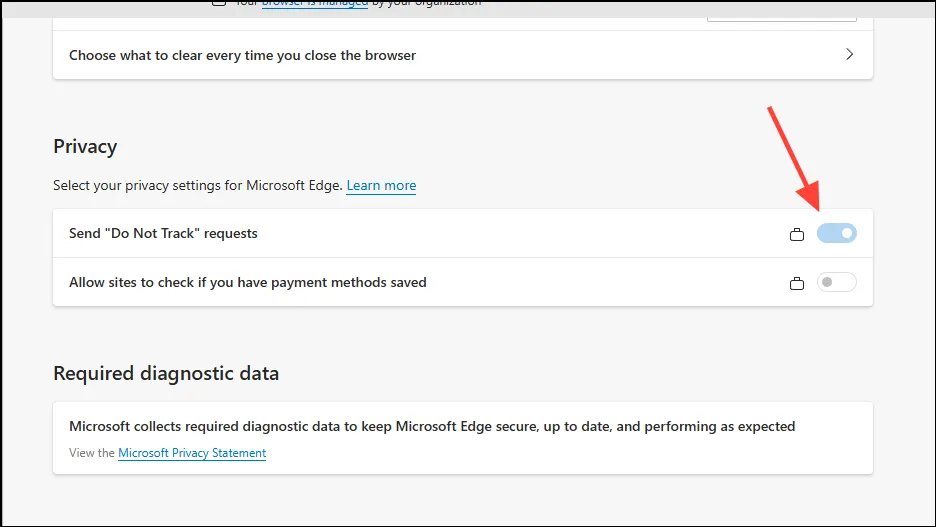 Attiva/disattiva Non tracciare in Edge