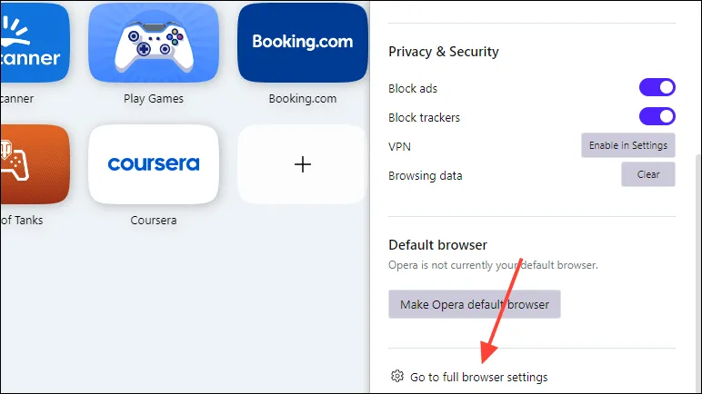 Impostazioni complete del browser in Opera