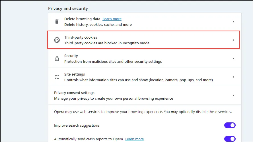 Cookies tiers dans Opera