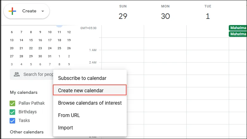 Popup de criação de calendário