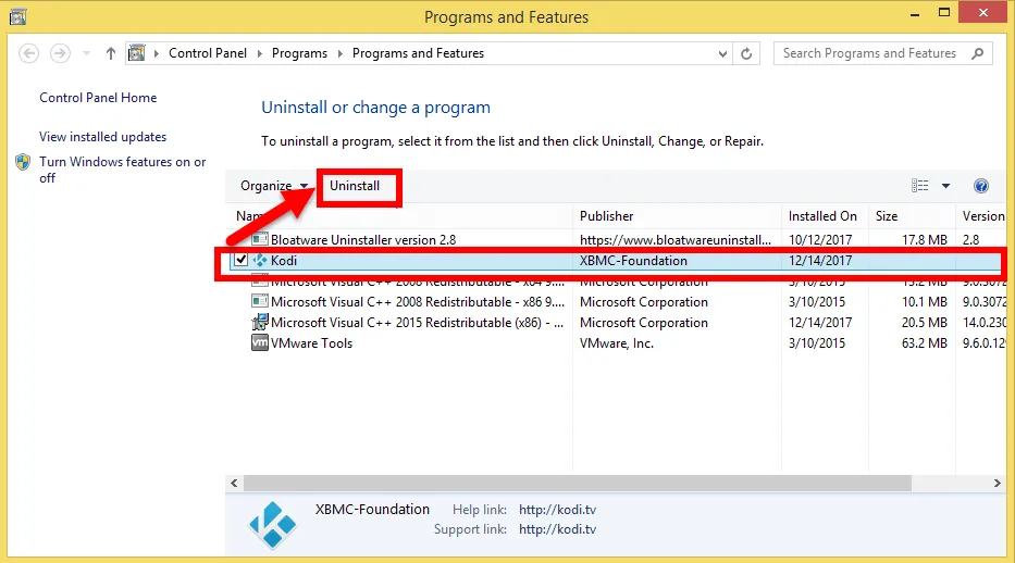 удаление kodi из панели управления