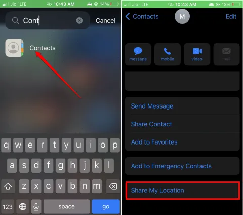 utilizzare l'app Contatti iOS per inviare la posizione su iPhone