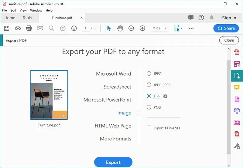 Adobe Acrobat преобразует PDF в TIFF