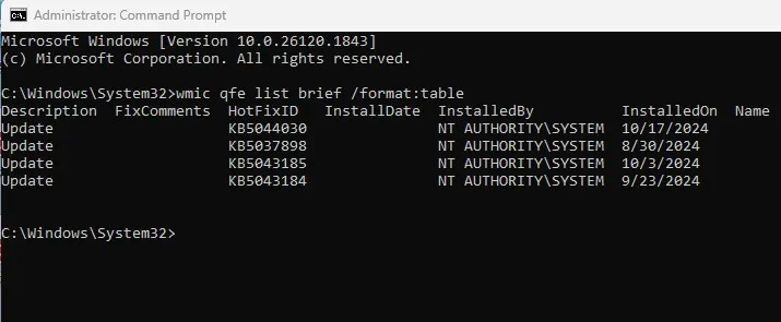 wmic qfe 목록 간략 /format:table