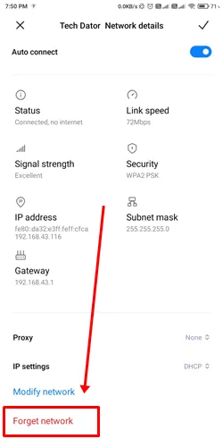 Нажмите «Забыть сеть».
