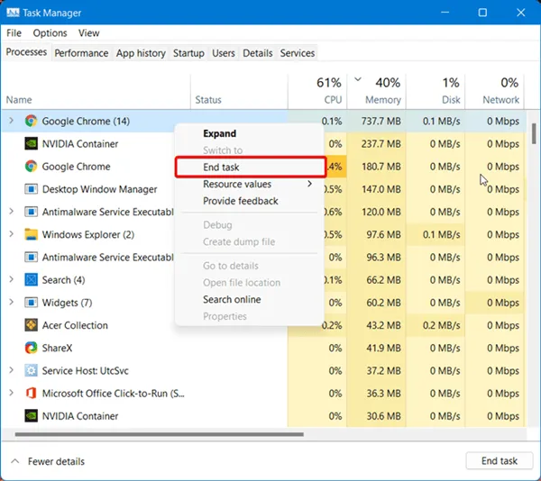 Termina attività nel task manager di Windows 11