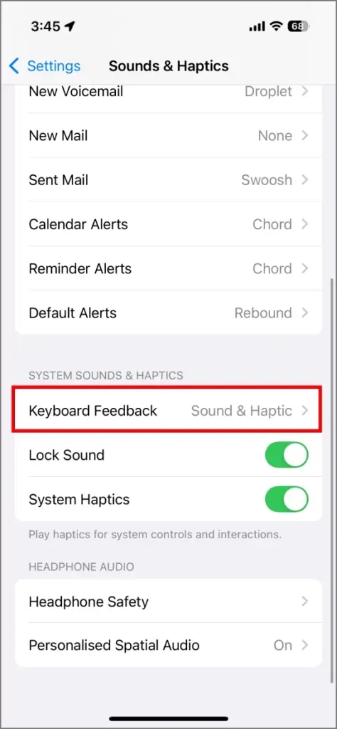 Desativando o feedback tátil do teclado no iPhone 16 com iOS 18