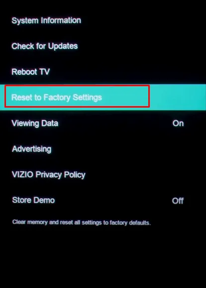 Redefinir para as configurações de fábrica na TV Vizio