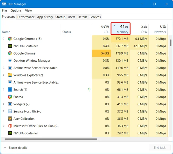 Scheda Memoria in Task Manager