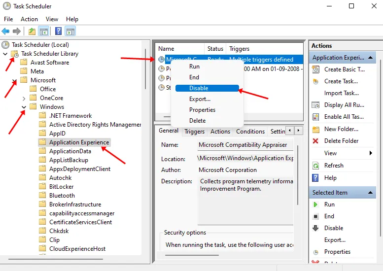 Microsoft Compatibility Appraiserを右クリックして、「無効にする」をクリックします。