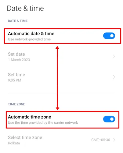 Включите переключатель для автоматической даты и времени и автоматического часового пояса.