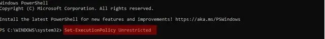 鍵入指令 Set-ExecutionPolicy Unrestricted