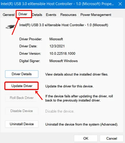 Universal Serial Bus valdikliai atnaujina tvarkykles