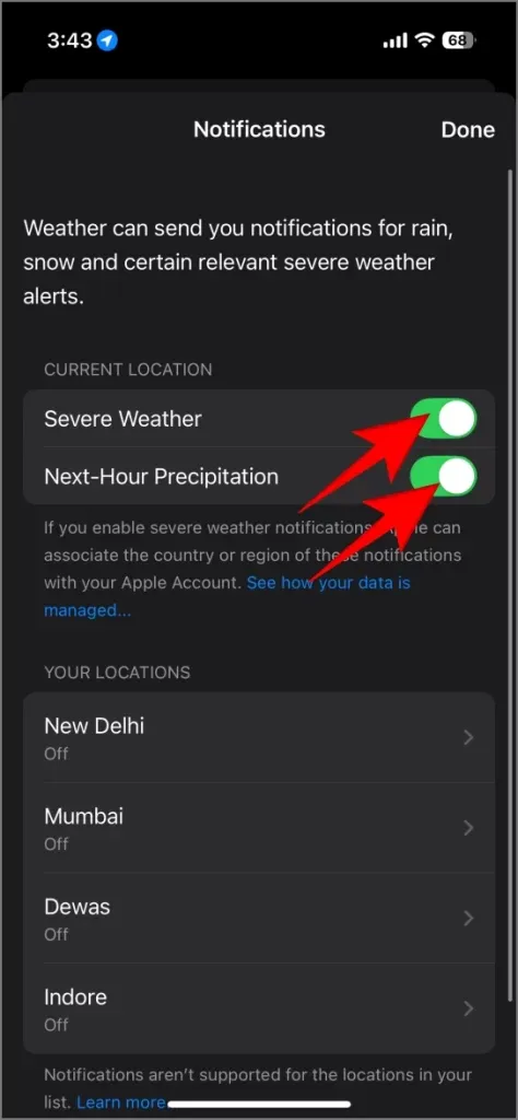 Disattivazione degli avvisi meteo per la posizione attuale su iOS 18