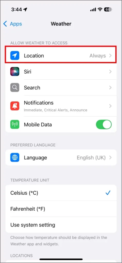 Visada išjungiama „Weather“ programos prieiga prie vietos „iOS 18“.