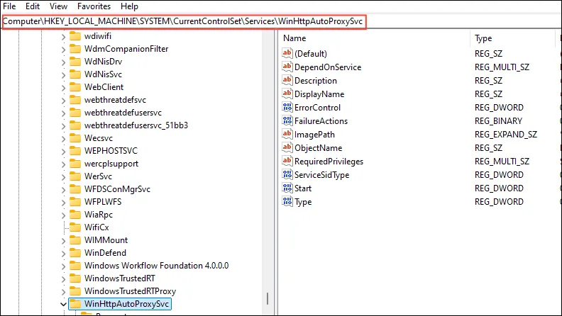 レジストリ内の WinHttpAutoProxySvc