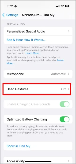 iPhoneの設定でAirPodsのヘッドジェスチャーを設定する