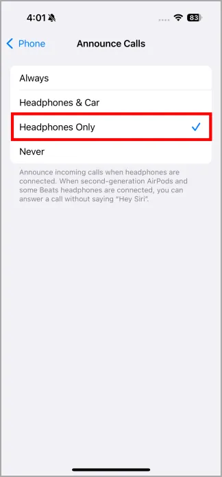 ヘッドフォンで通話をアナウンスするための iPhone 設定