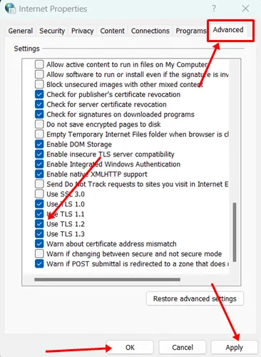 TLS 1.2を使用するボックスのチェックを外しました