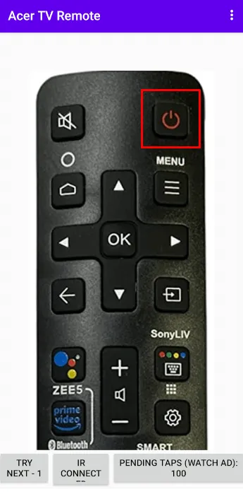 Приложение Acer TV Remote — нажмите кнопку питания