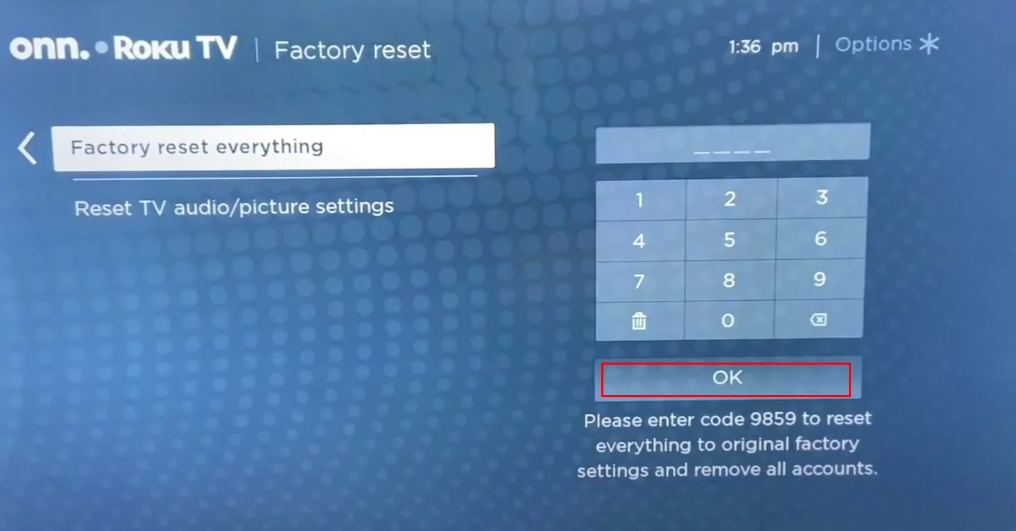 リモコンなしでRoku TVをリセットする方法 - OKをタップします