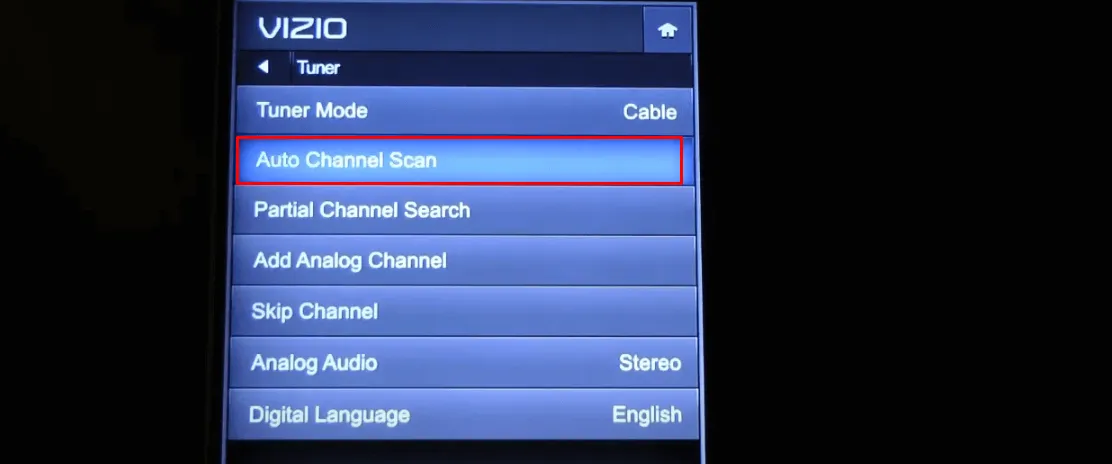 Как сканировать каналы на телевизоре Vizio без пульта дистанционного управления — нажмите на опцию автоматического сканирования каналов