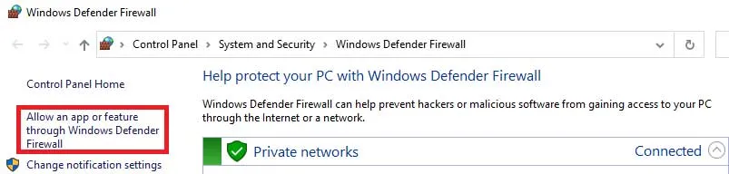 Windows Defender ファイアウォールを介したアプリまたは機能の許可