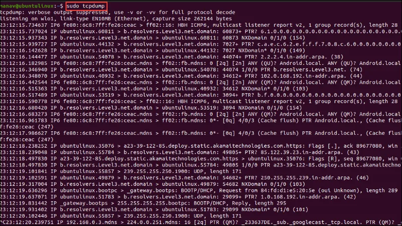 Интерфейс команды tcpdump