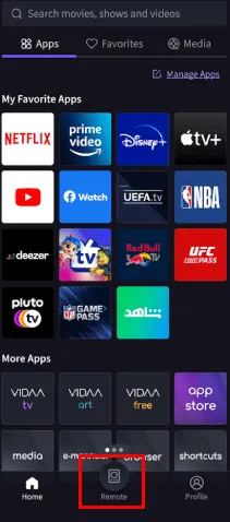 SuperSonic TV Remote App – Tippen Sie auf die Registerkarte „Remote“