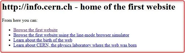 El primer sitio web en Internet, una simple página HTML con hipervínculos.