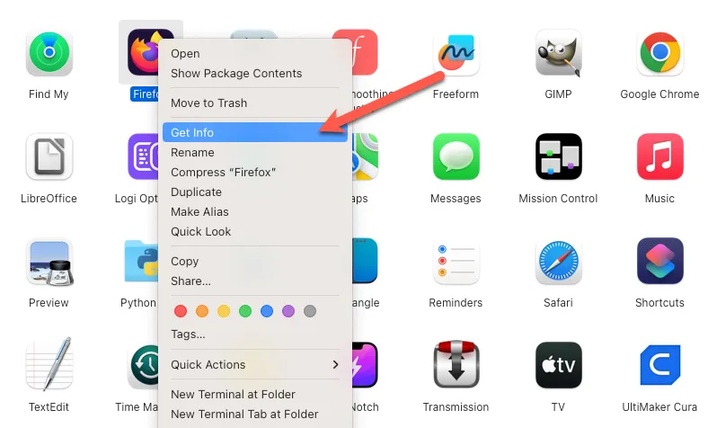 Velg "Få info" når du høyreklikker på appen.