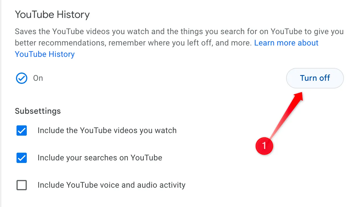 關閉 Google 帳戶中的 YouTube 記錄。