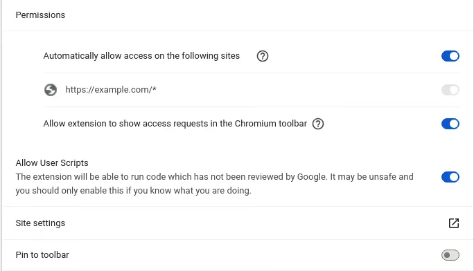 Configuración de scripts de usuario en permisos de extensión de Chrome