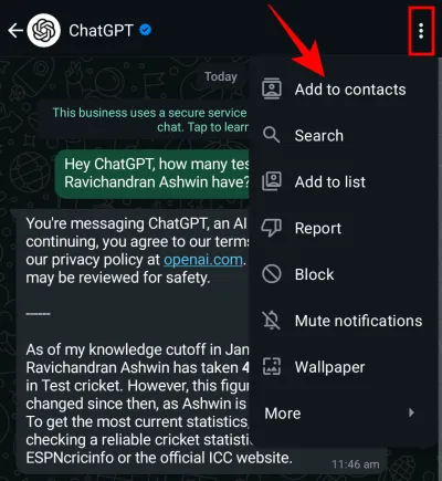 Tilføjelse af ChatGPT til kontakter på WhatsApp