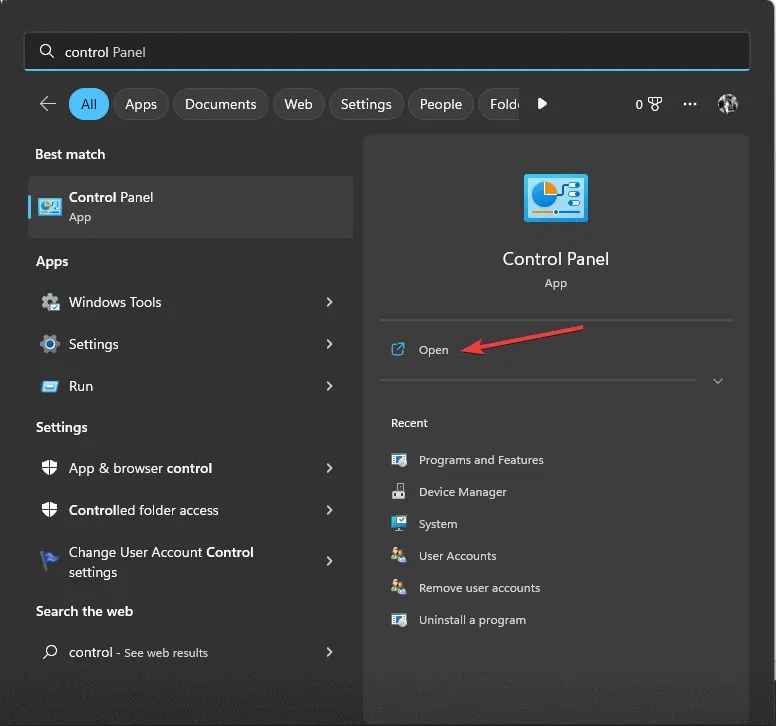 Startmenu van Configuratiescherm