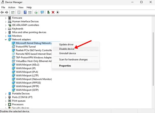 Deaktiver Microsoft Kernel Debug Network Adapter