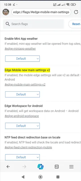 Edge 모바일 새로운 메인 설정 v2 플래그