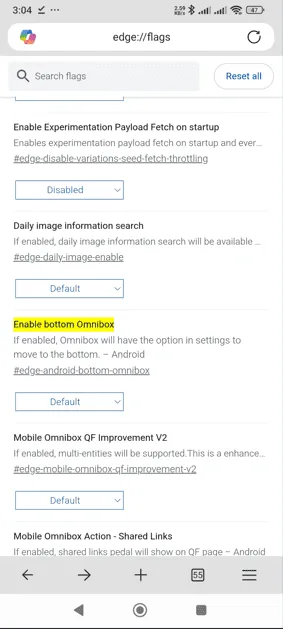 Edge Canary Android で下部のオムニボックス フラグを有効にする