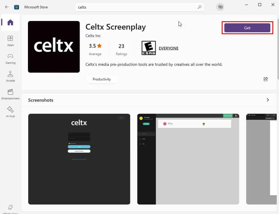 Hent Celtx fra Microsoft Store