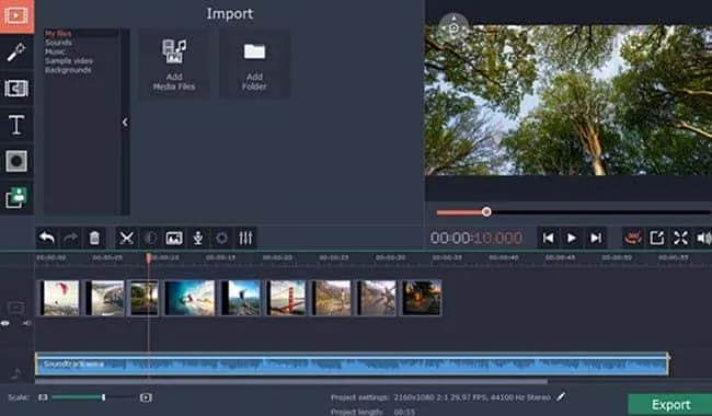 Interface do editor de vídeo Movavi