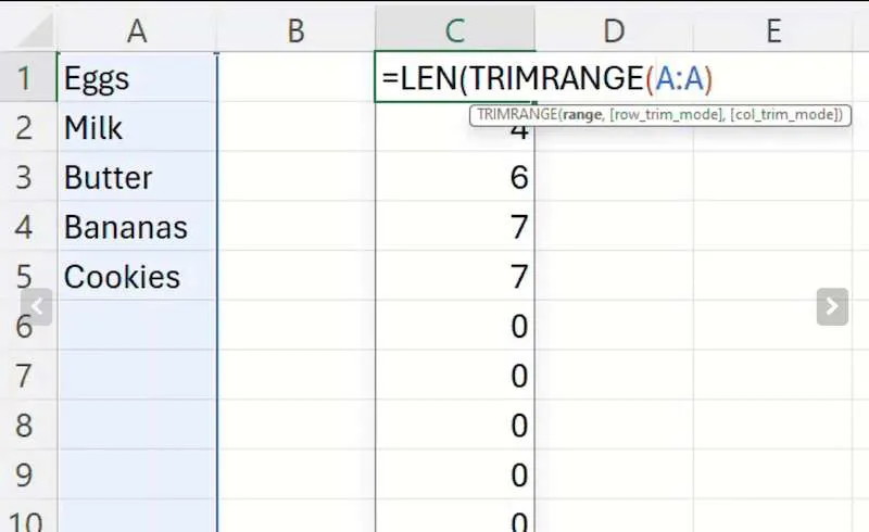 Guida visiva per i passaggi della funzione TRIMRANGE in Microsoft Excel